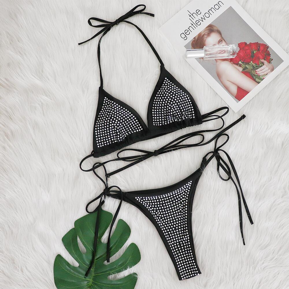 Sexy Rhinestone Bikini Split Solid Color Lace up Swimsuit Beach Vacation Women Swimsuit